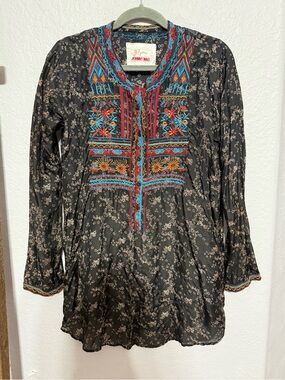 Johnny Was BIYA Black Top with Turquoise, Red and Gold Embroidery Trim